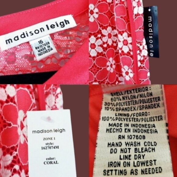 Madison Leigh Womens Short Sleeve Coral Pink White Floral Lace Dress Size 16 NWT - Picture 8 of 8